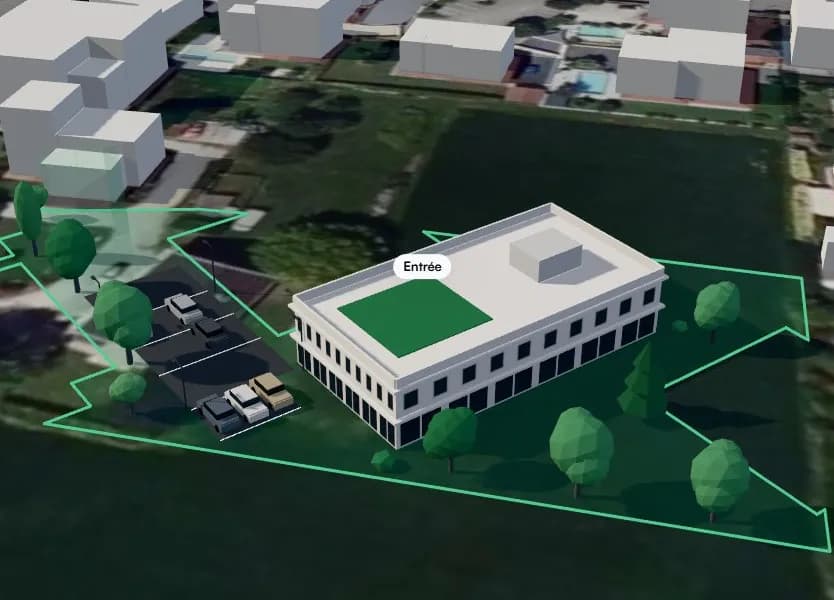 Vue 3D sur photo aérienne : un petit immeuble à la place de la maison.