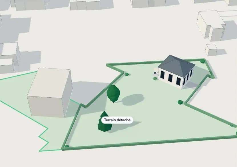 Vue 3D Arpendia : la maison est gardée, un terrain de 1 517 m² est détaché à côté.